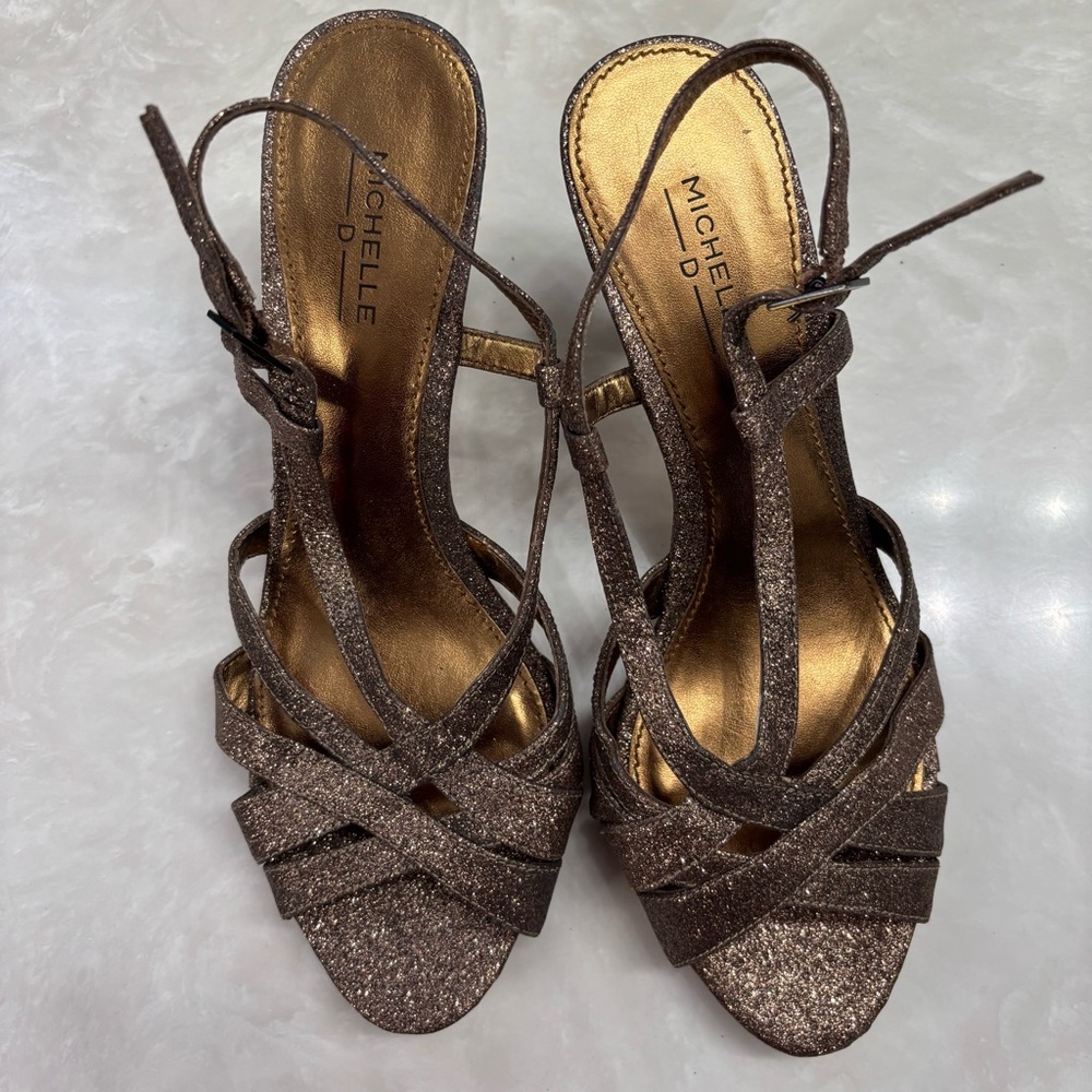 Bronze Glitter Strappy Heels | Michelle D Size 9 - Picture 2 of 8
